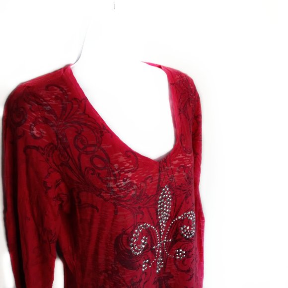 ROPER • Large red top v-neck long sleeve shirt western sequins sheer women's - Picture 4 of 7
